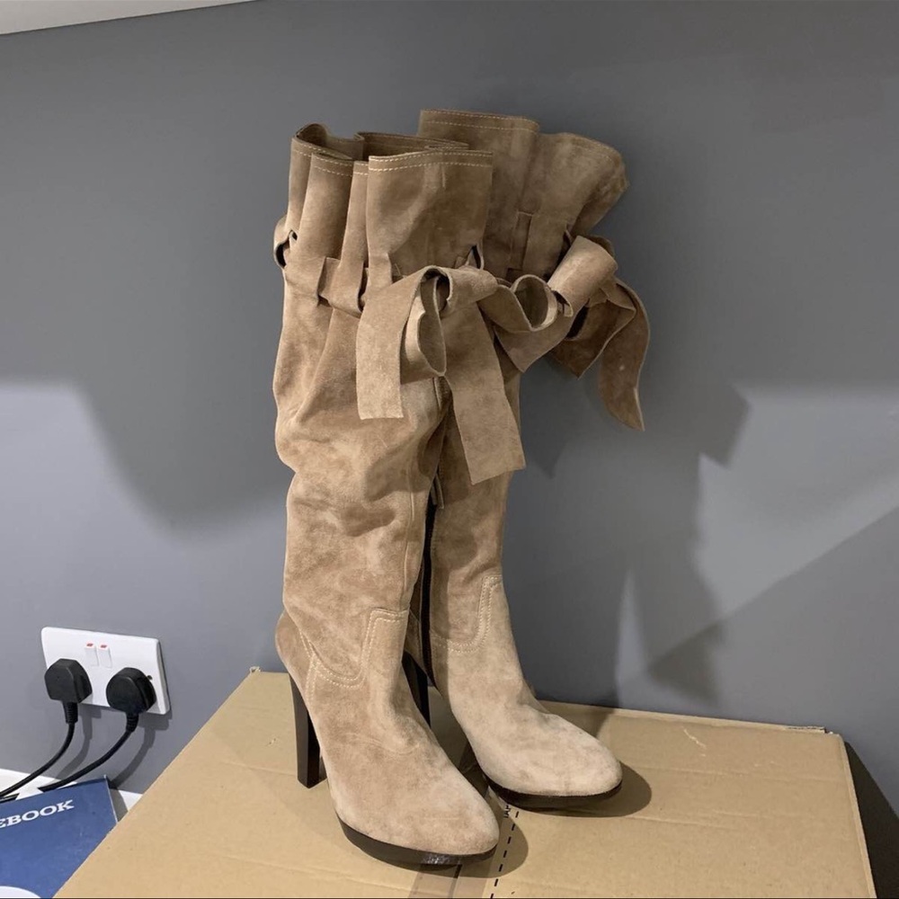Miu Miu Tan Suede Knee-High Boots